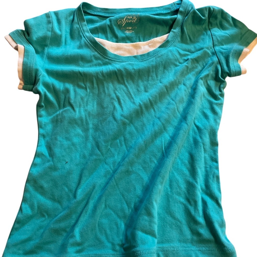 Women Style & Co Sport Blue Green & White T- Shirt Size Petite Medium